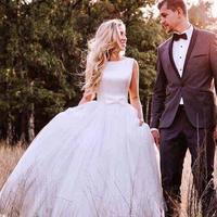 Simple Modest Off the Shoulder Wedding Gowns Cheap Backless Wedding Dress - Thumbnail 1