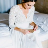 Simple A Line Wedding Dresses 3/4 Long Sleeve Delicate Lace Chiffon Bridal Gowns - Thumbnail 1