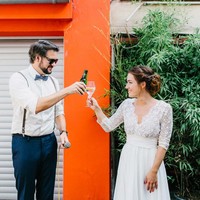 Simple A Line Wedding Dresses 3/4 Long Sleeve Delicate Lace Chiffon Bridal Gowns - Thumbnail 2