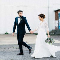 Simple A Line Wedding Dresses 3/4 Long Sleeve Delicate Lace Chiffon Bridal Gowns - Thumbnail 3