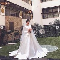 Simple Ball Gown Wedding Dresses Long Sleeve Boat Neck Puffy Bridal Gowns - Thumbnail 2