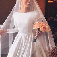 Simple Ball Gown Wedding Dresses Long Sleeve Boat Neck Puffy Bridal Gowns - Thumbnail 4