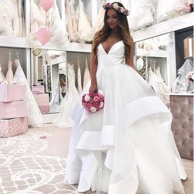 Simple ball gown wedding dresses deep v neck puffy bridal gowns - Thumbnail 5