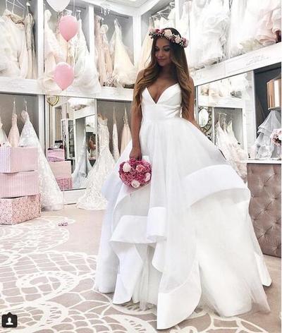Simple Ball Gown Wedding Dresses Deep V Neck Puffy Bridal Gowns