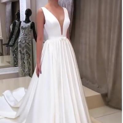 Simple ball gown wedding dresses deep v neck backless small bow bridal gowns - Thumbnail 5