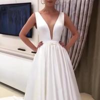 Simple Ball Gown Wedding Dresses Deep V Neck Backless Small Bow Bridal Gowns - Thumbnail 1