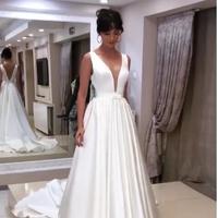 Simple Ball Gown Wedding Dresses Deep V Neck Backless Small Bow Bridal Gowns - Thumbnail 2