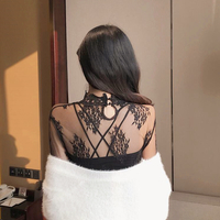 High Collar See-Through Flower Hollow Out Lace Mesh Top - Thumbnail 4