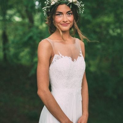 Simple a line chiffon  bohemian wedding dresses crew neck lace bodice bridal gowns - Thumbnail 3