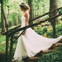 Simple A Line Chiffon  Bohemian Wedding Dresses Crew Neck Lace Bodice Bridal Gowns - Thumbnail 2