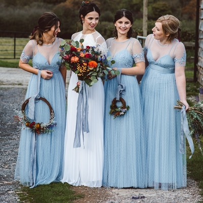 Sky blue a line tulle bridesmaid dresses crew neck short sleeve polka dots bridesmaid gowns prom party dress - Thumbnail 3