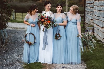 Sky Blue A Line Tulle Bridesmaid Dresses Crew Neck Short Sleeve Polka Dots Bridesmaid Gowns Prom Party Dress