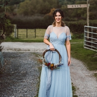 Sky Blue A Line Tulle Bridesmaid Dresses Crew Neck Short Sleeve Polka Dots Bridesmaid Gowns Prom Party Dress - Thumbnail 3