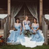 Sky Blue A Line Tulle Bridesmaid Dresses Crew Neck Short Sleeve Polka Dots Bridesmaid Gowns Prom Party Dress - Thumbnail 4