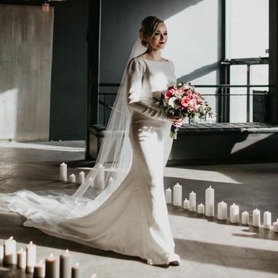 Simple mermaid bohemian wedding dresses crew neck long sleeve covered button backless bridal gowns - Thumbnail 5