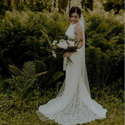 Simple mermaid bohemian garden wedding dresses crew neck delicate lace bridal gowns - Thumbnail 5