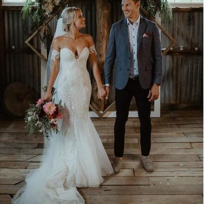 Stunning mermaid tulle bohemian wedding dresses off the shoulder delicate lace beading bridal gowns - Thumbnail 5