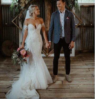 Stunning Mermaid Tulle Bohemian Wedding Dresses Off the Shoulder Delicate Lace Beading Bridal Gowns