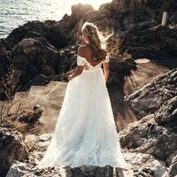 Simple Bohemian Garden Wedding Dresses Off the Shoulder Delicate Lace Bridal Gowns - Thumbnail 4
