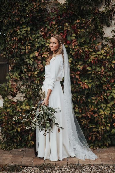 Simple Sheath Wedding Dresses Deep V Neck Long Sleeve Side Slit Bridal Gowns