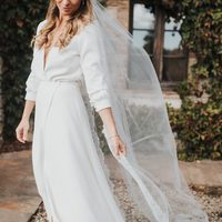 Simple Sheath Wedding Dresses Deep V Neck Long Sleeve Side Slit Bridal Gowns - Thumbnail 1