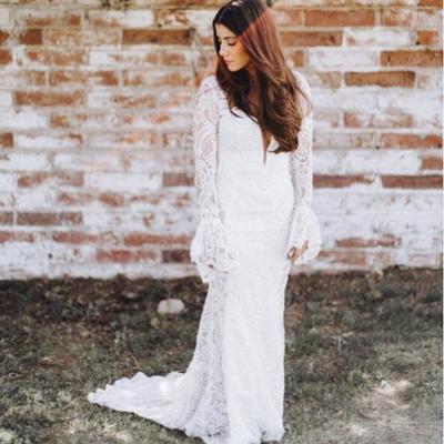 Stunning mermaid wedding dresses v neck sheer long sleeve poet sleeve delicate lace bridal gowns - Thumbnail 5