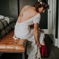 Bohemian Mermaid Wedding Dresses Crew Neck Short Sleeve Delicate Lace Backless Bridal Gowns - Thumbnail 2