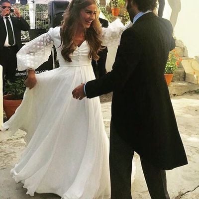 Bohemian a line chiffon wedding dresses sexy deep v neck sheer long sleeve polka dots bridal gowns - Thumbnail 4