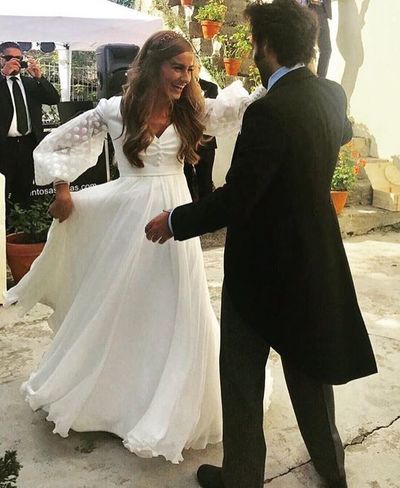 Bohemian A Line Chiffon Wedding Dresses Sexy Deep V Neck Sheer Long Sleeve Polka Dots Bridal Gowns