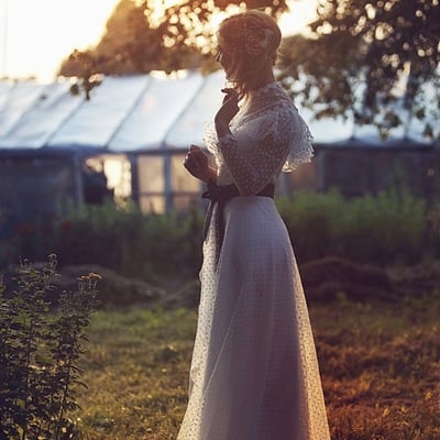 Bohemian a line tulle wedding dresses high neck cap sleeve sheer long sleeve polka dots bridal gowns - Thumbnail 5