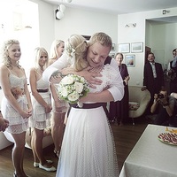 Bohemian A Line Tulle Wedding Dresses High Neck Cap Sleeve Sheer Long Sleeve Polka Dots Bridal Gowns - Thumbnail 1