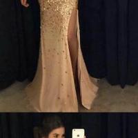 Sexy Beading Gold Long Prom Dress, Deep V Neck Evening Dress with beading - Thumbnail 2