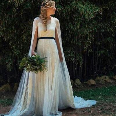 Bohemian a line tulle wedding dresses crew neck polka dots with shawl bridal gowns - Thumbnail 3