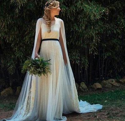 Bohemian A Line Tulle Wedding Dresses Crew Neck Polka Dots with Shawl Bridal Gowns