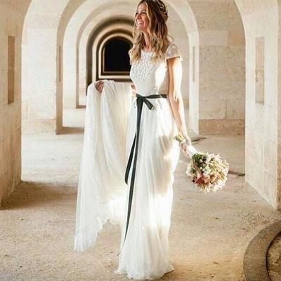 Bohemian a line wedding dresses cap sleeve polka dots with shawl bridal gowns - Thumbnail 5