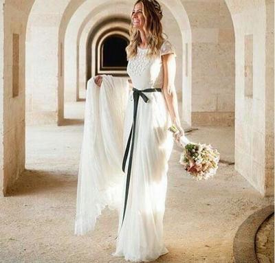 Bohemian A Line Wedding Dresses Cap Sleeve Polka Dots with Shawl Bridal Gowns