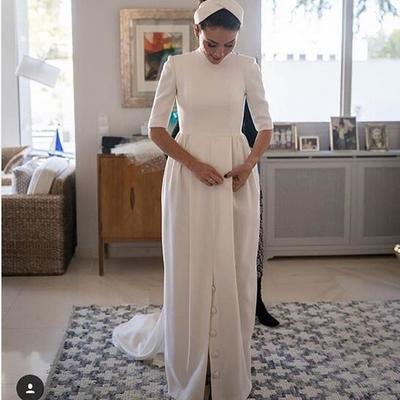 Simple sheath garden wedding dresses crew neck half sleeve buttons bridal gowns - Thumbnail 5
