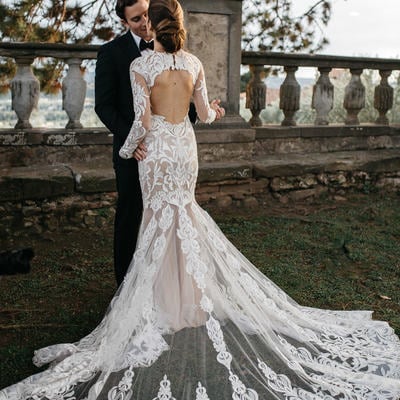 Romantic tuscan villa wedding dresses sheer crew neck long sleeve delicate lace keyhole back bridal gowns - Thumbnail 5