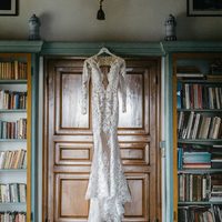 Romantic Tuscan Villa Wedding Dresses Sheer Crew Neck Long Sleeve Delicate Lace Keyhole Back Bridal Gowns - Thumbnail 1