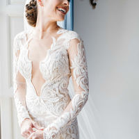 Romantic Tuscan Villa Wedding Dresses Sheer Crew Neck Long Sleeve Delicate Lace Keyhole Back Bridal Gowns - Thumbnail 2