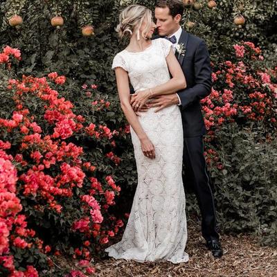 Unique bohemian mermaid wedding dresses crew neck cap sleeve delicate lace backless bridal gowns - Thumbnail 5