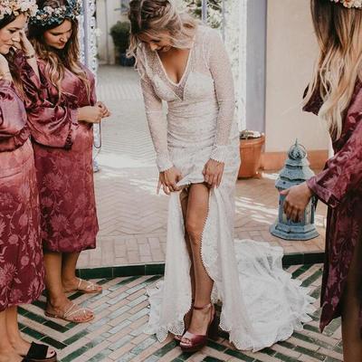 Romantic  boho chic wedding dresses sexy deep v neck sheer long sleeve unique lace side slit bridal gowns - Thumbnail 4