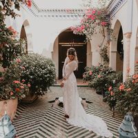 Romantic  Boho Chic Wedding Dresses Sexy Deep V Neck Sheer Long Sleeve Unique Lace Side Slit Bridal Gowns - Thumbnail 3