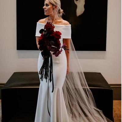 Simple mermaid wedding dresses off the shoulder covered button sleeveless bridal gowns - Thumbnail 5