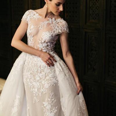 Romantic mermaid garden wedding dresses crew neck cap sleeve lace appliques detachable train backless bridal gowns - Thumbnail 5