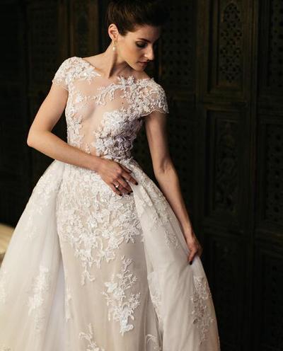 Romantic Mermaid Garden Wedding Dresses Crew Neck Cap Sleeve Lace Appliques Detachable Train Backless Bridal Gowns