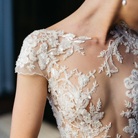 Romantic Mermaid Garden Wedding Dresses Crew Neck Cap Sleeve Lace Appliques Detachable Train Backless Bridal Gowns - Thumbnail 2