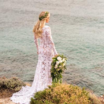 Romantic mermaid beach boho wedding dresses deep v neck sheer long sleeve delicate lace bridal gowns - Thumbnail 3