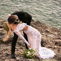 Romantic Mermaid Beach Boho Wedding Dresses Deep V Neck Sheer Long Sleeve Delicate Lace Bridal Gowns - Thumbnail 2