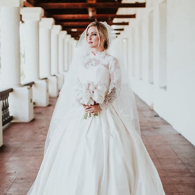 Goregous ball gown satin wedding dresses high neck sheer long sleeve lace appliques keyhole back bridal gowns - Thumbnail 4